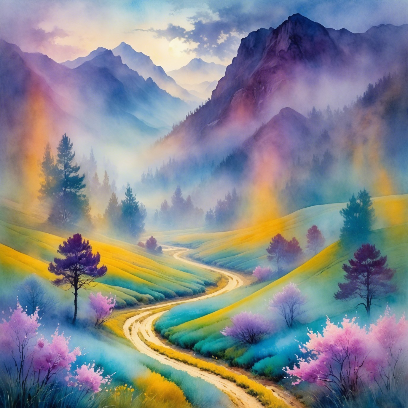 Ethereal Watercolor of a Winding Path in Hills