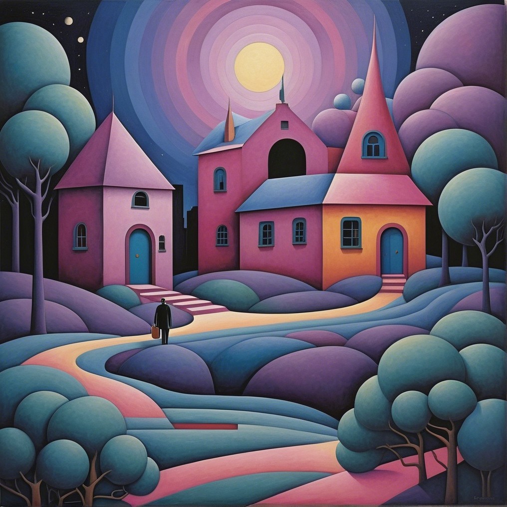Whimsical Landscape with Colorful Houses and Moonlight