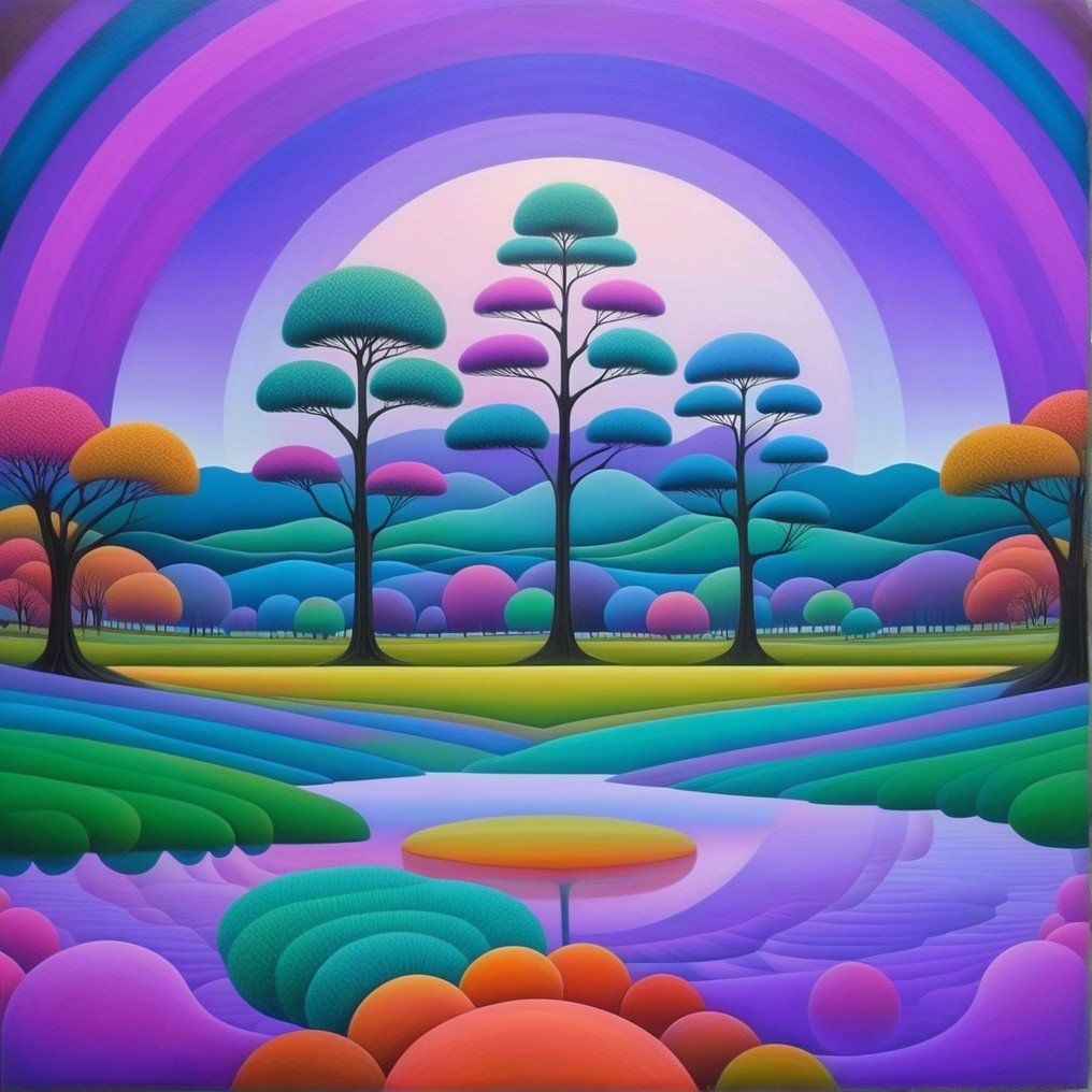 Surreal Landscape with Colorful Trees and Hills