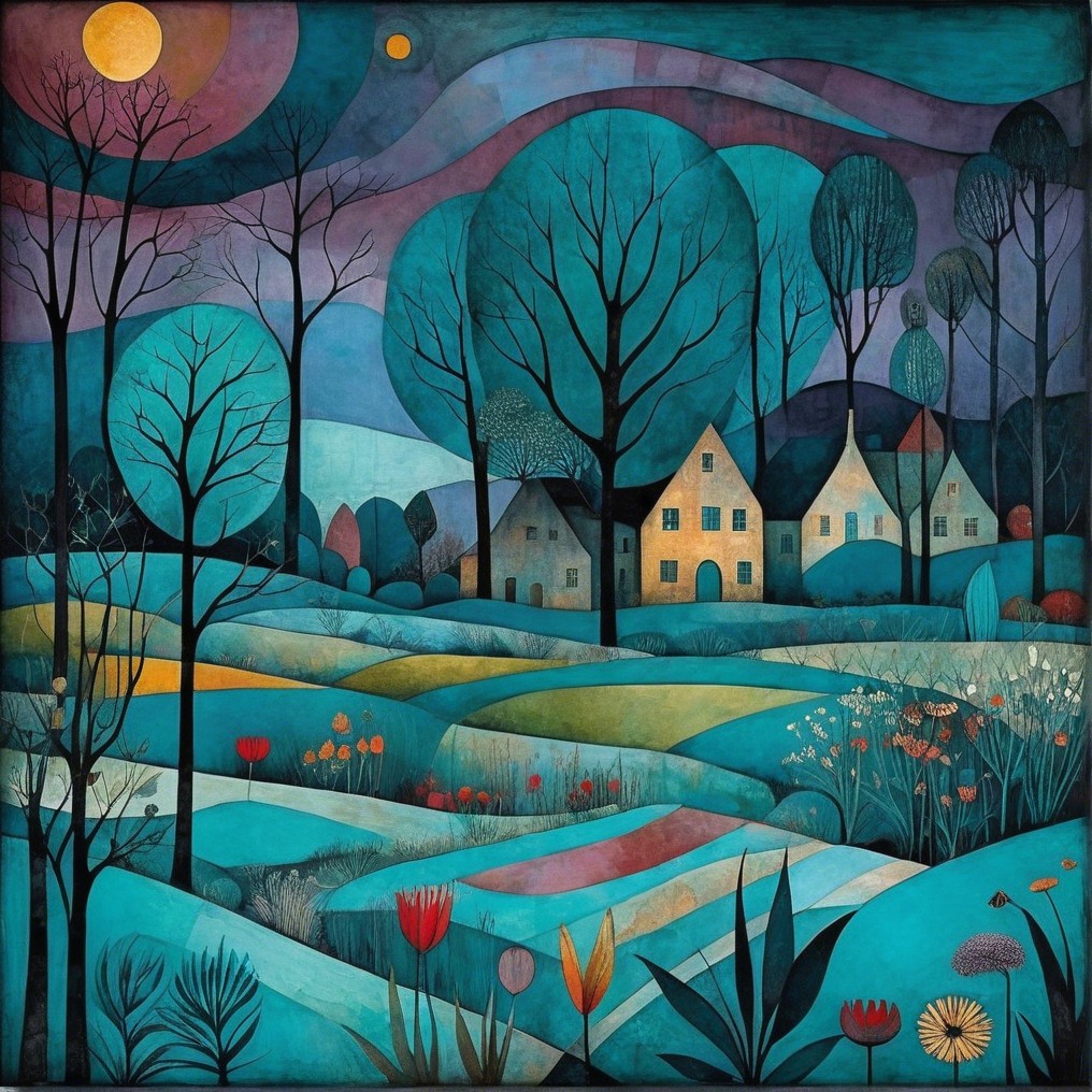 Serene Abstract Landscape with Vibrant Colors and Moon