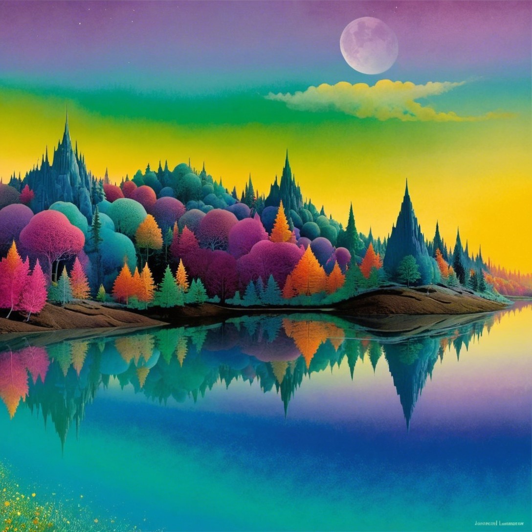 Vibrant Landscape with Colorful Trees and Moonlight