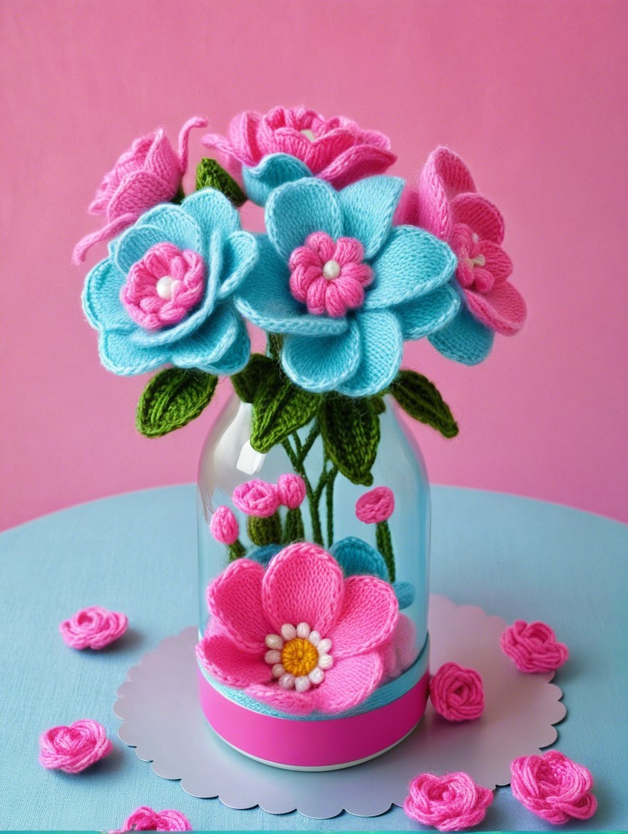 Hand-knit flower bouquet in glass jar with details