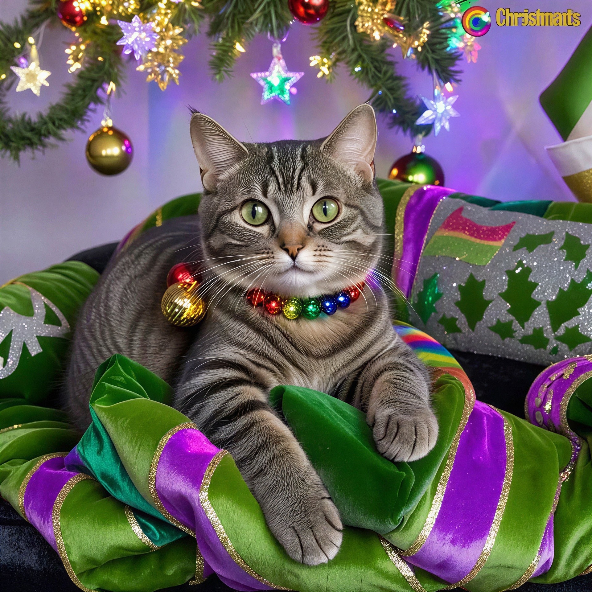 Tabby Cat with Green Eyes Among Christmas Decor