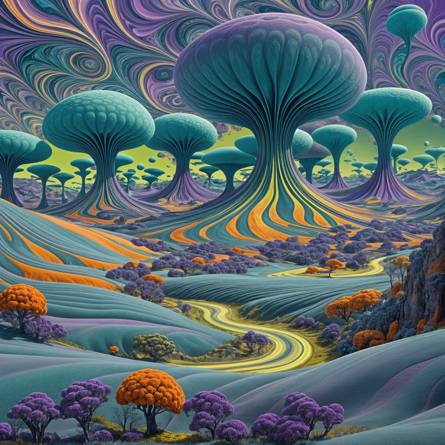 Surreal Landscape with Mushroom Trees and Dreamlike Sky