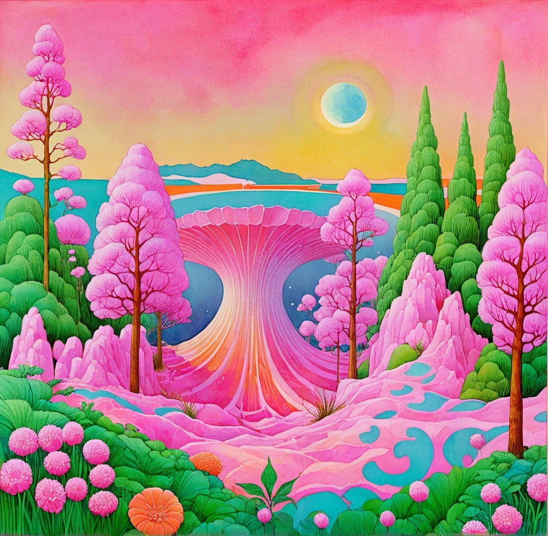 Vibrant Landscape with Pink Hues and Tranquil Sea