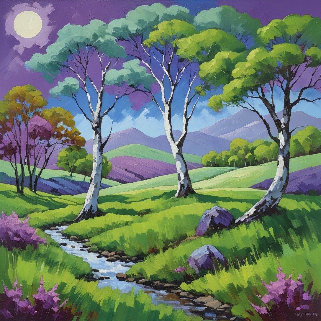 Vibrant Landscape with Trees, Stream, and Moonlit Sky