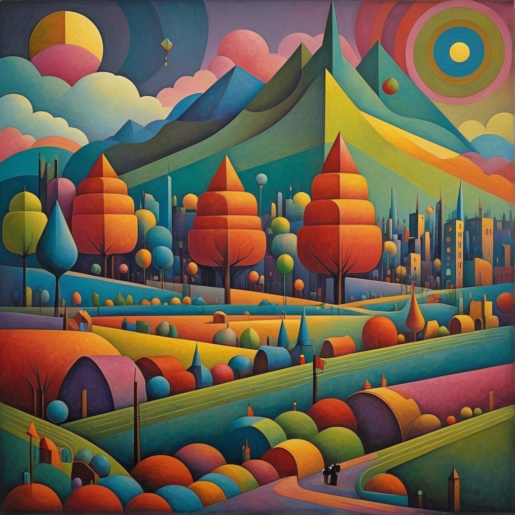 Surreal Landscape with Geometric Mountains and Colorful Trees
