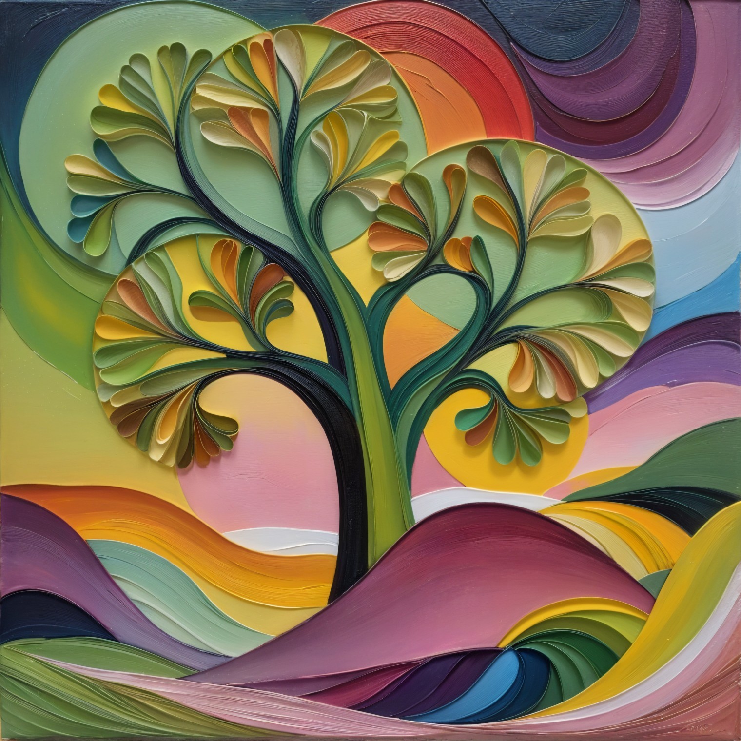 Vibrant Abstract Landscape with Stylized Tree Design