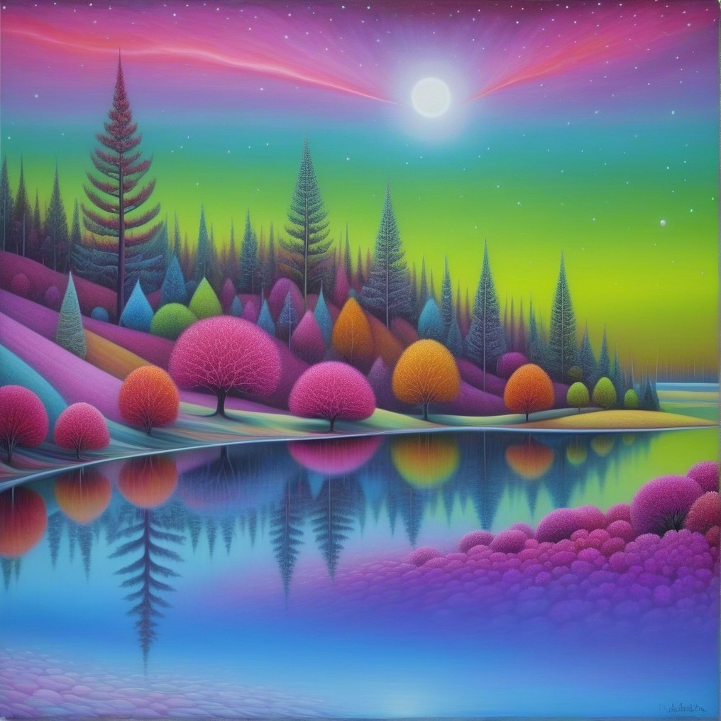 Vibrant Landscape with Serene Lake and Starry Sky
