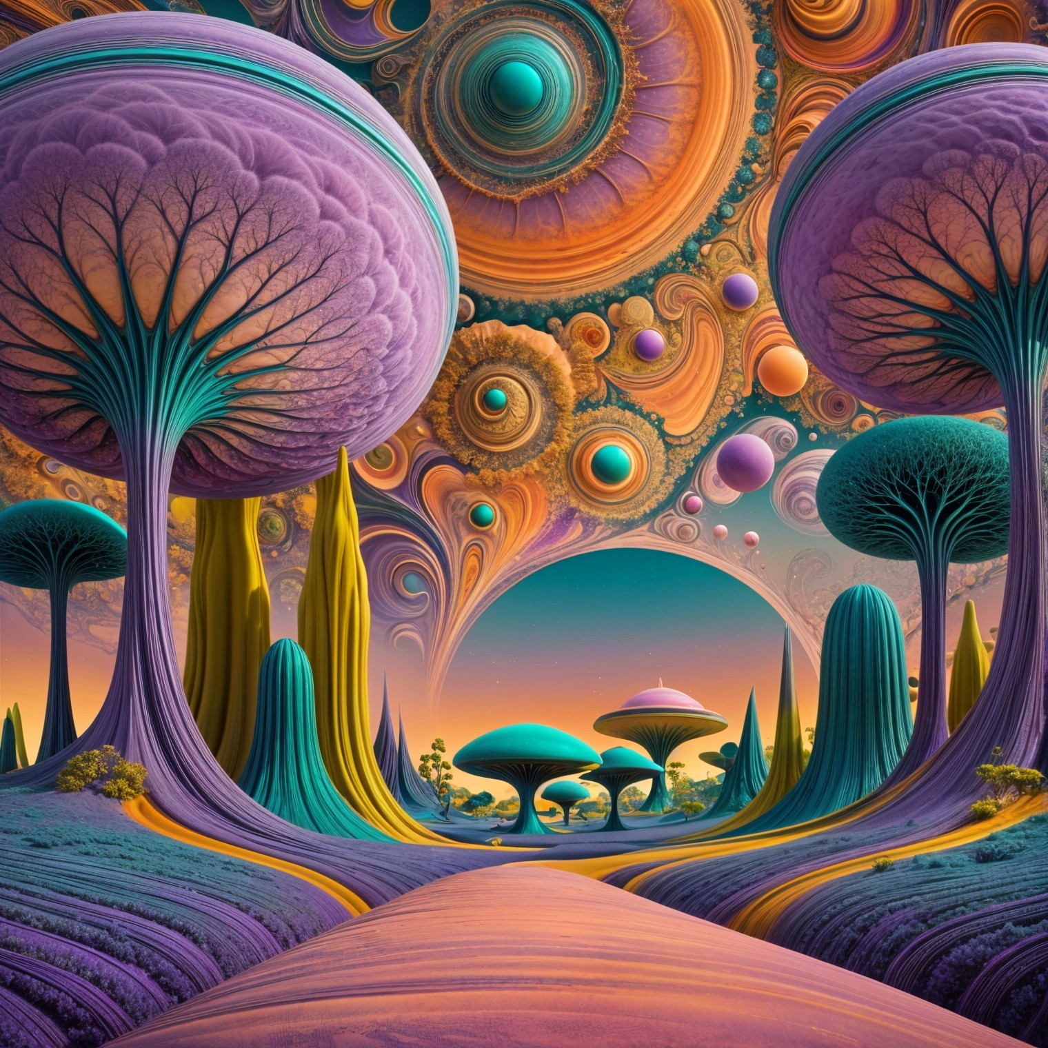 Surreal Landscape with Vibrant Trees and Celestial Bodies