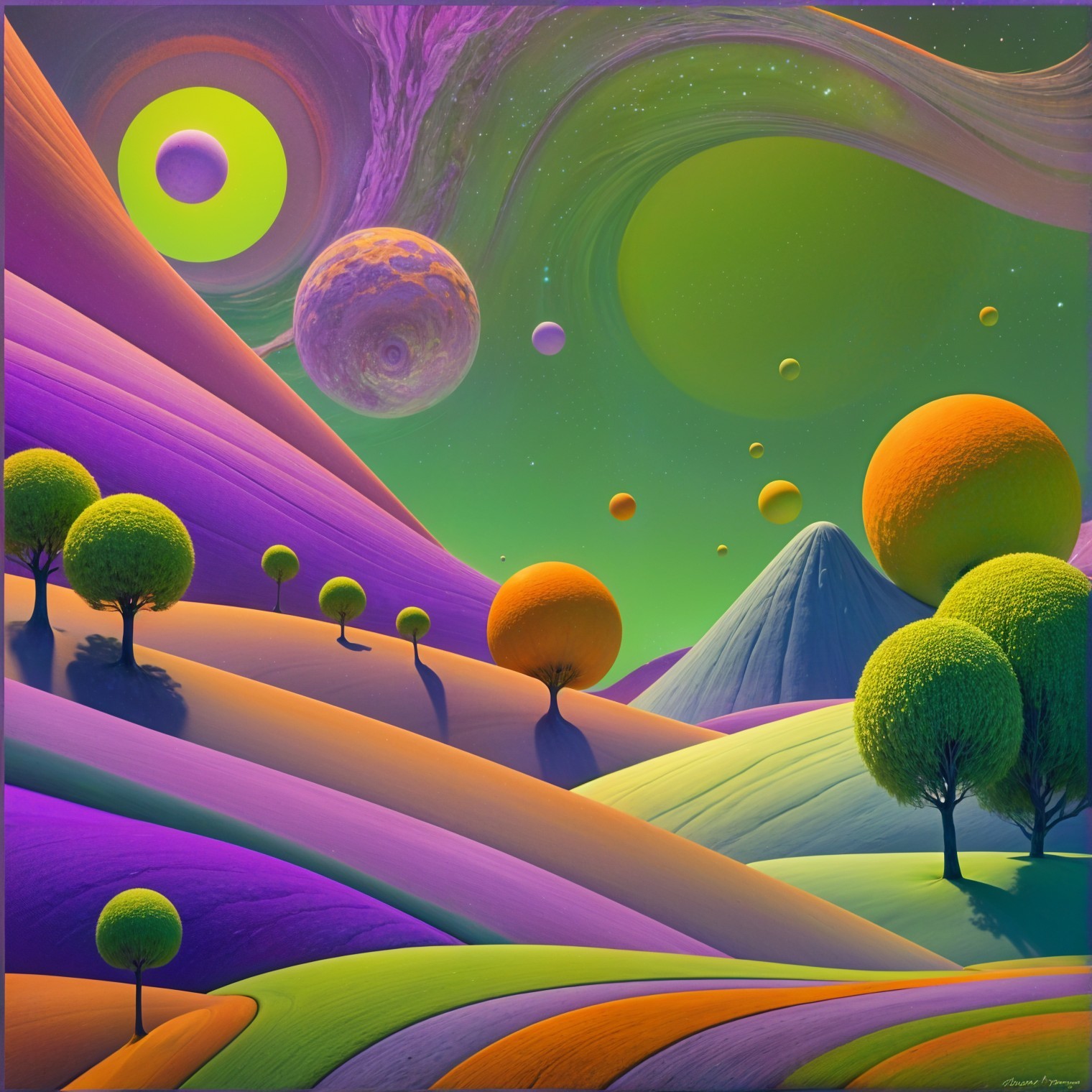 Surreal Landscape with Vivid Striped Hills and Cosmic Sky