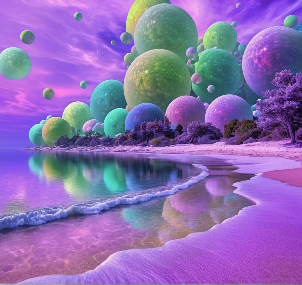 Surreal Beach Landscape with Vibrant Colors and Spheres