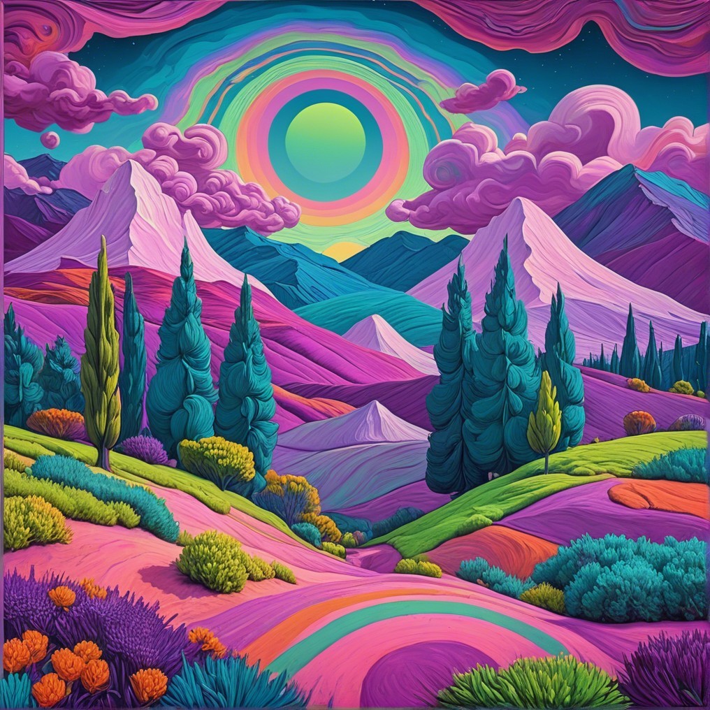 Surreal Landscape with Colorful Hills and Trees