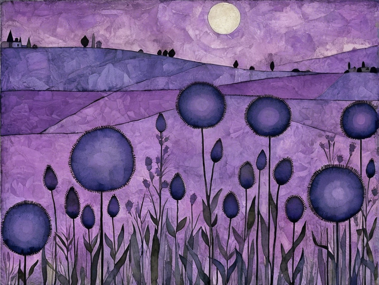 Serene Purple Landscape with Moonlit Hills and Flowers