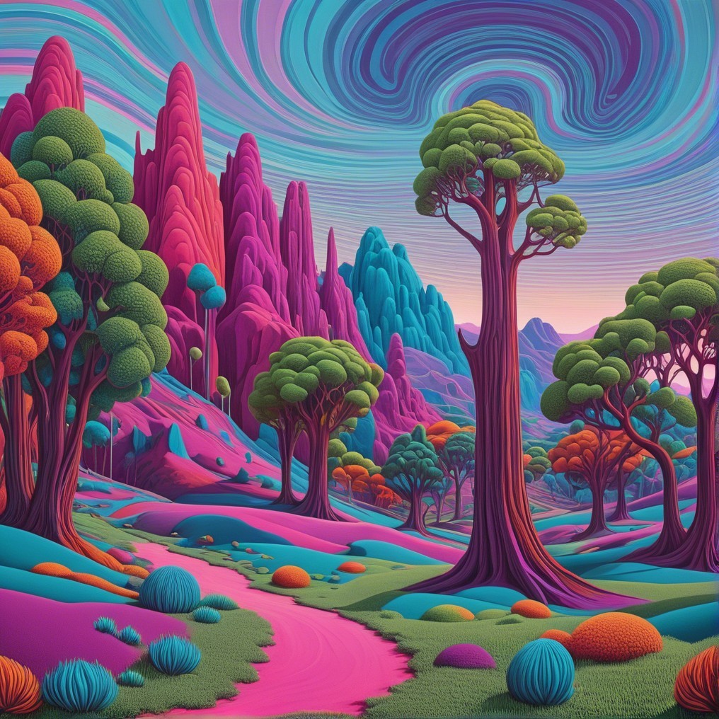 Surreal Landscape with Colorful Mountains and Trees