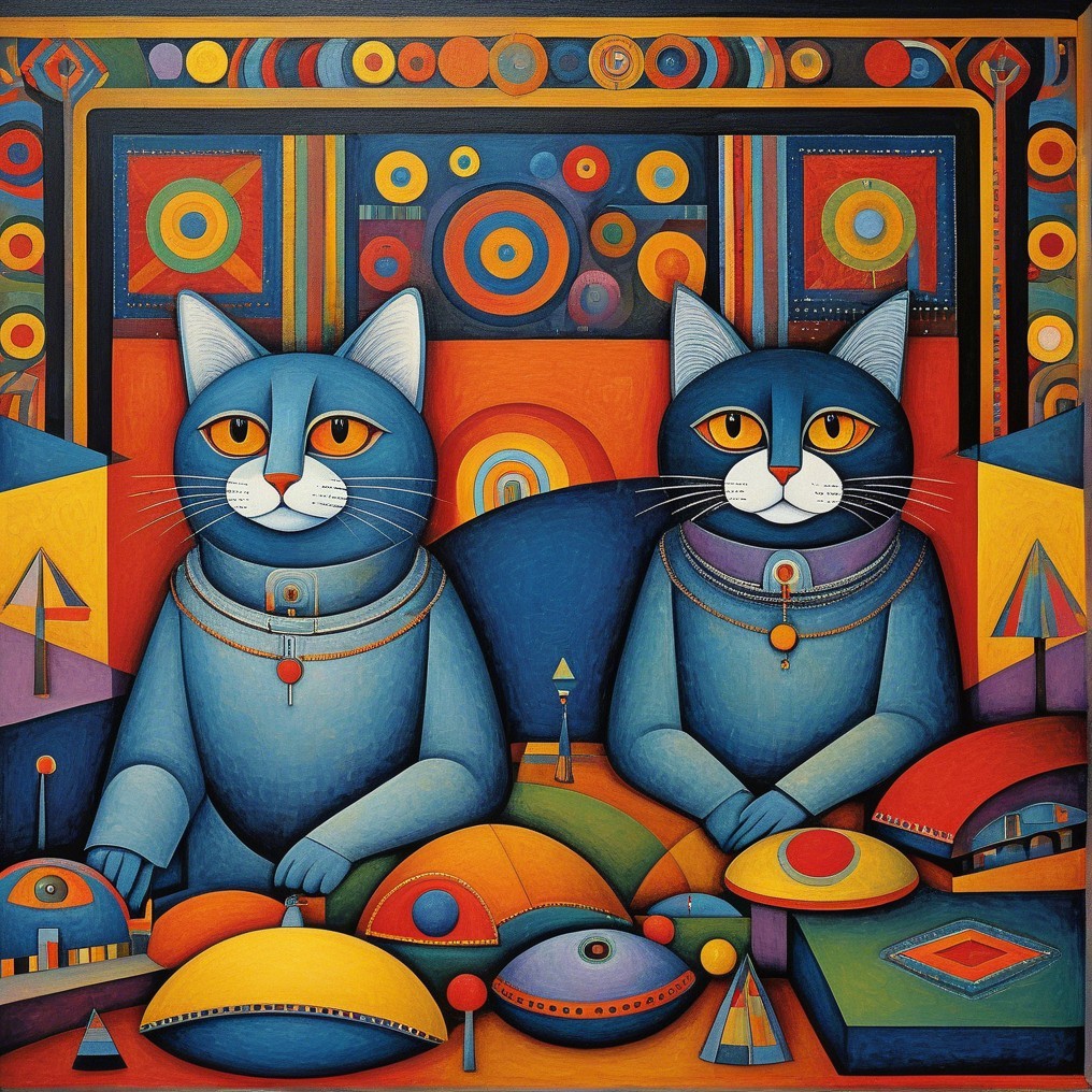 Stylized Cats in Space-Themed Outfits with Geometric Background