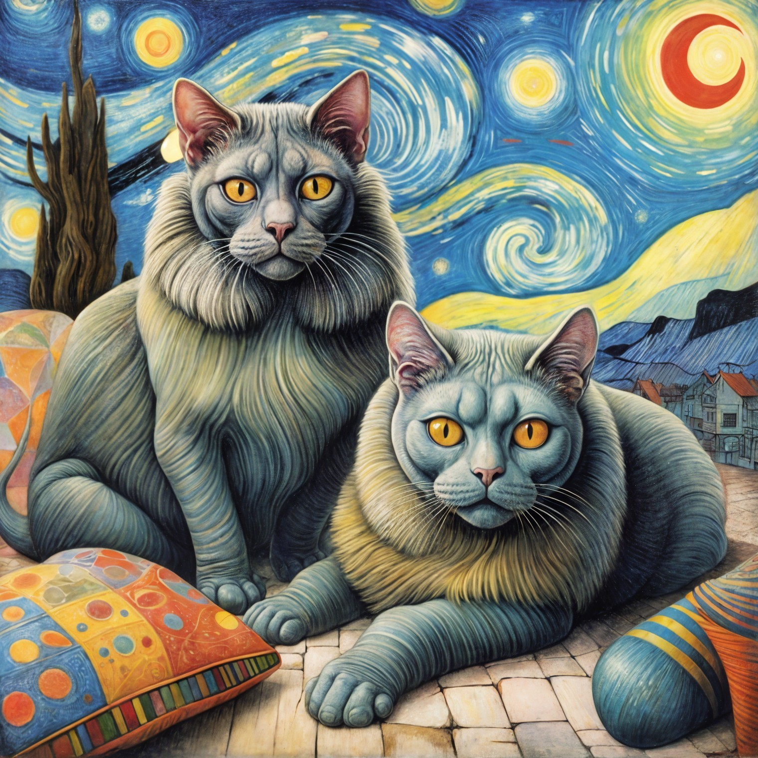 Stylized cats on textured surface with night sky backdrop