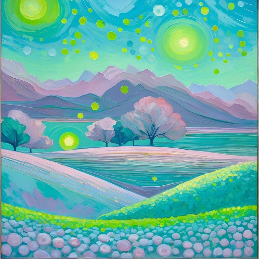 Vibrant landscape with hills, flowers, and mountains