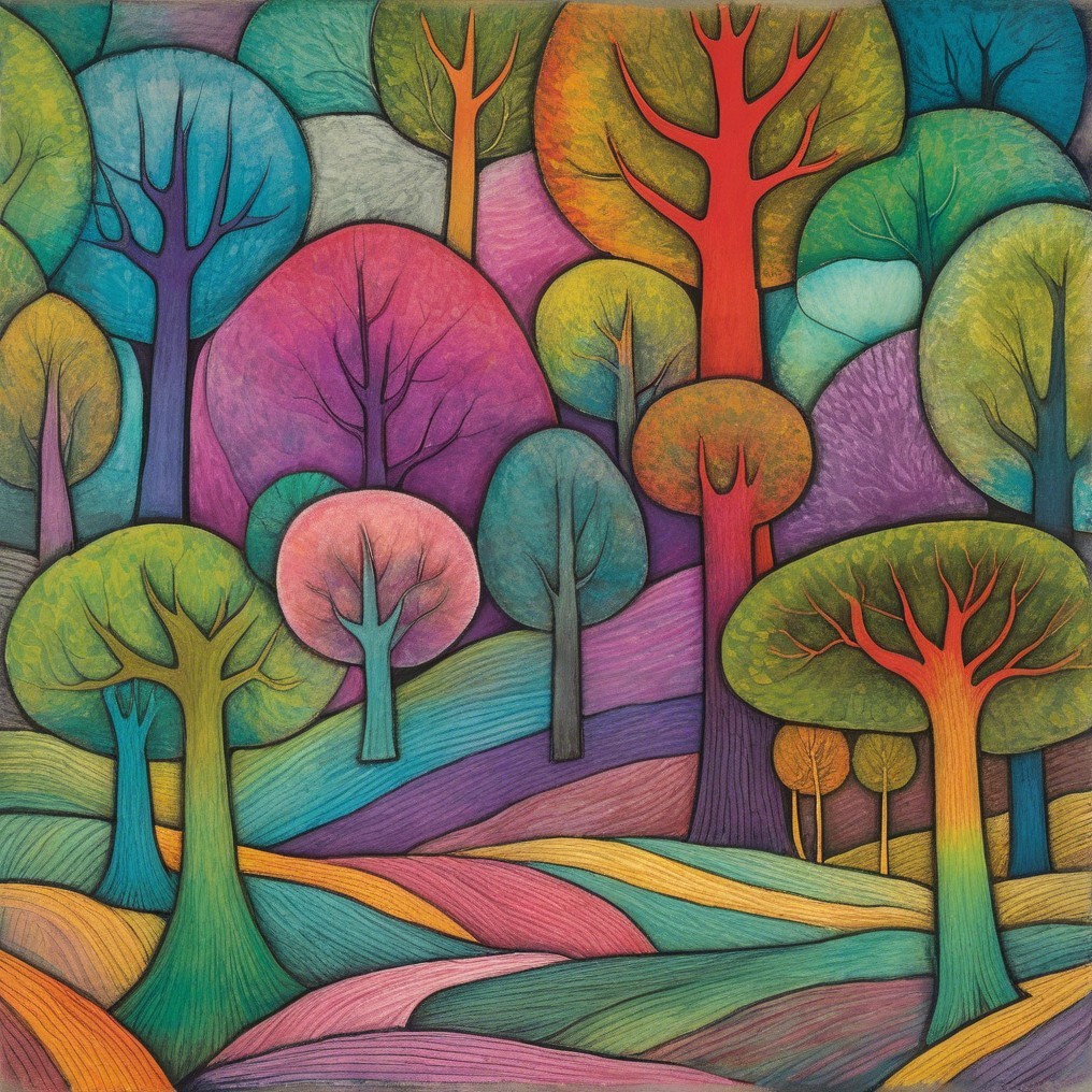 Vibrant Stylized Landscape with Colorful Trees