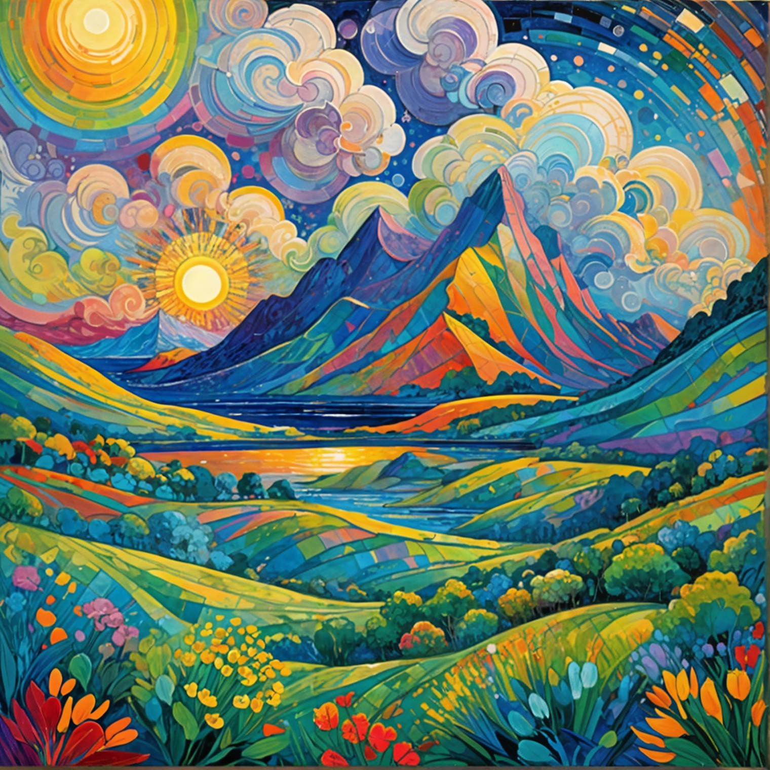 Vibrant Landscape with Rolling Hills and Majestic Mountains
