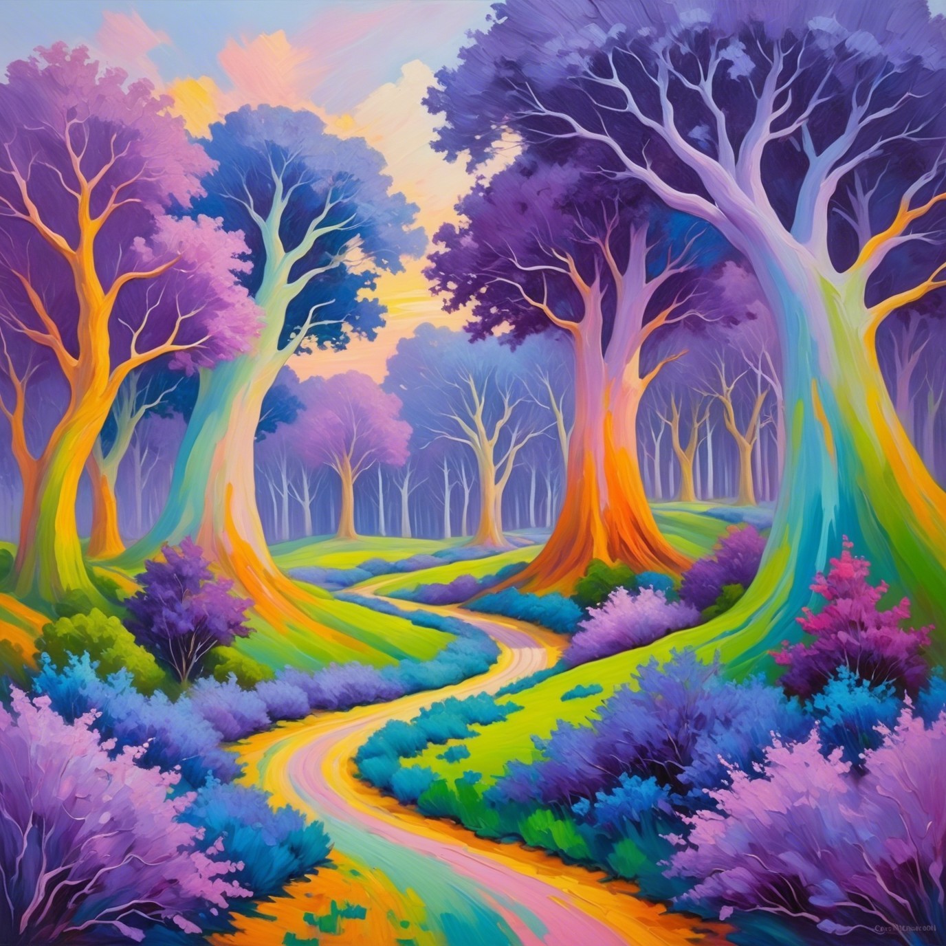 Vibrant Whimsical Landscape in a Magical Forest