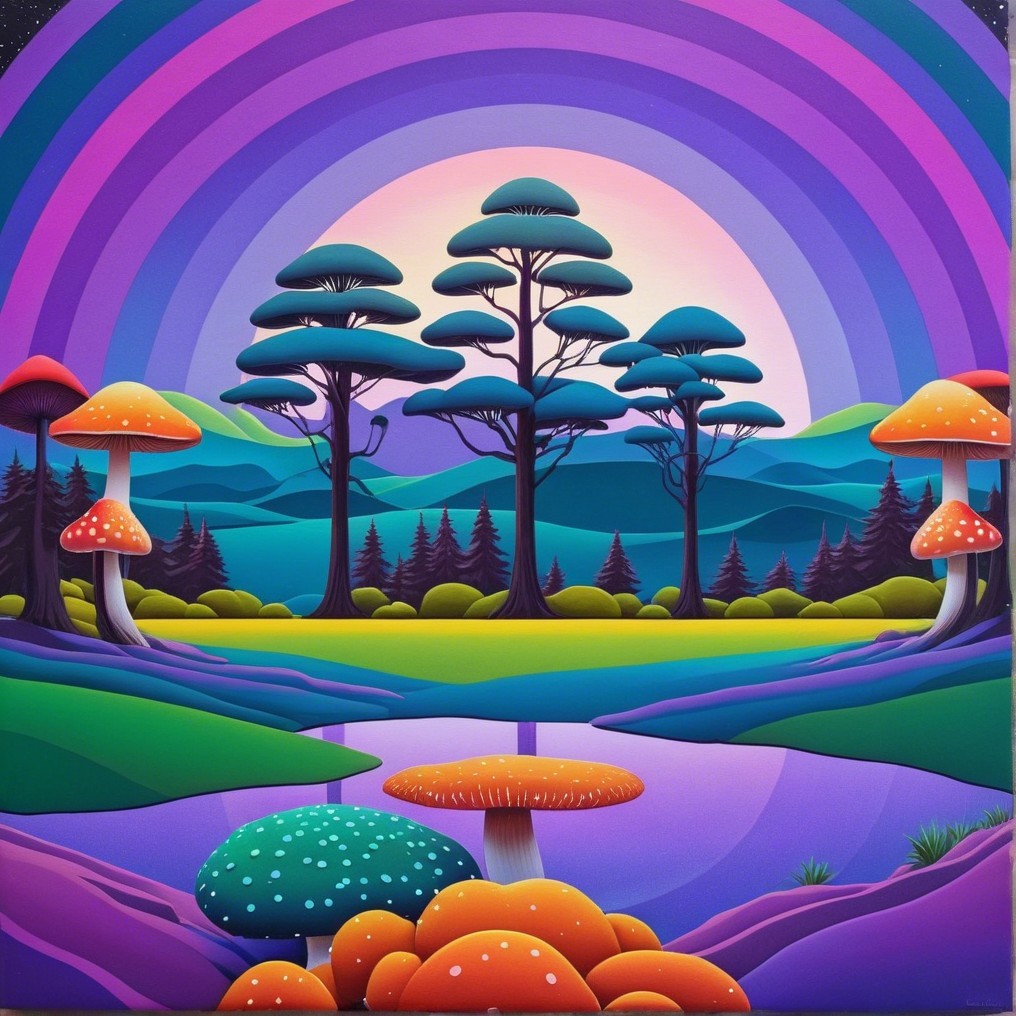 Surreal Landscape with Colorful Mushrooms and Trees