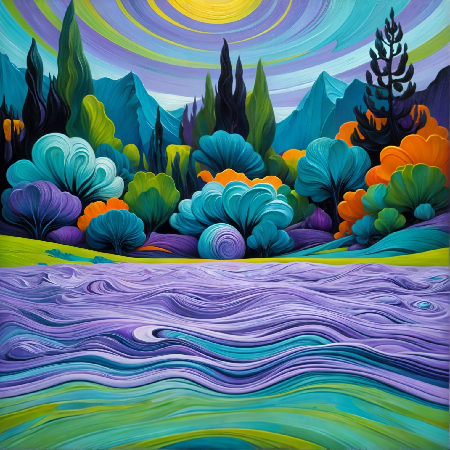 Abstract Landscape with Vibrant Colors and Plants