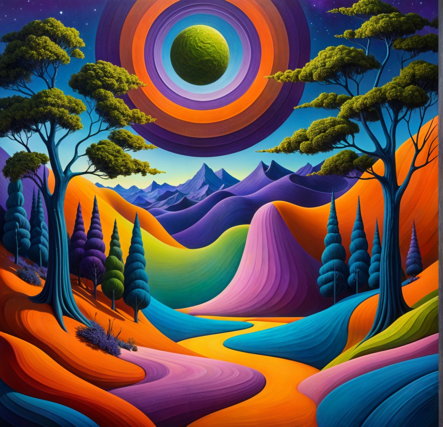Surreal Landscape with Vivid Colors and Celestial Orb