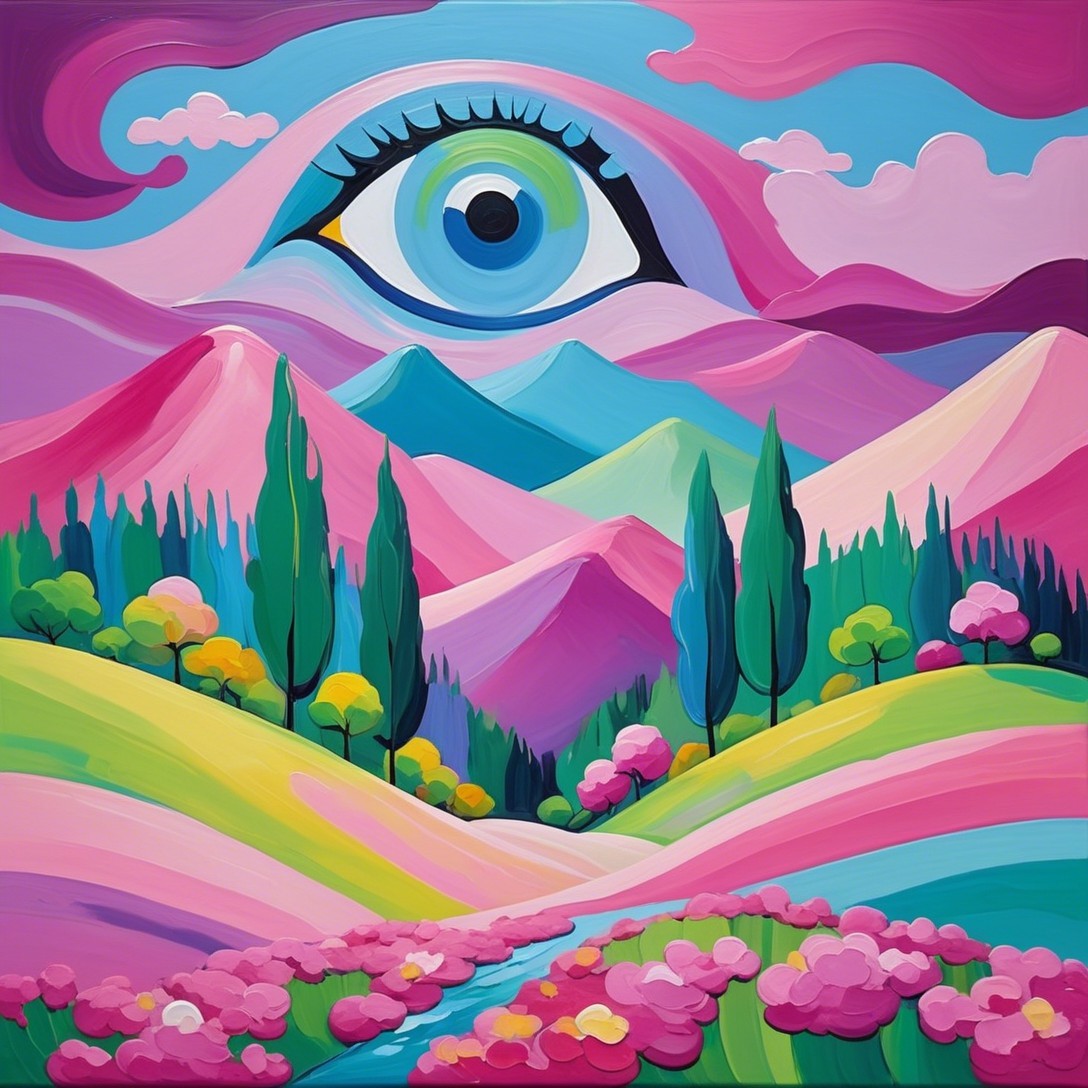 Vibrant Surrealist Landscape with Giant Eye in Sky