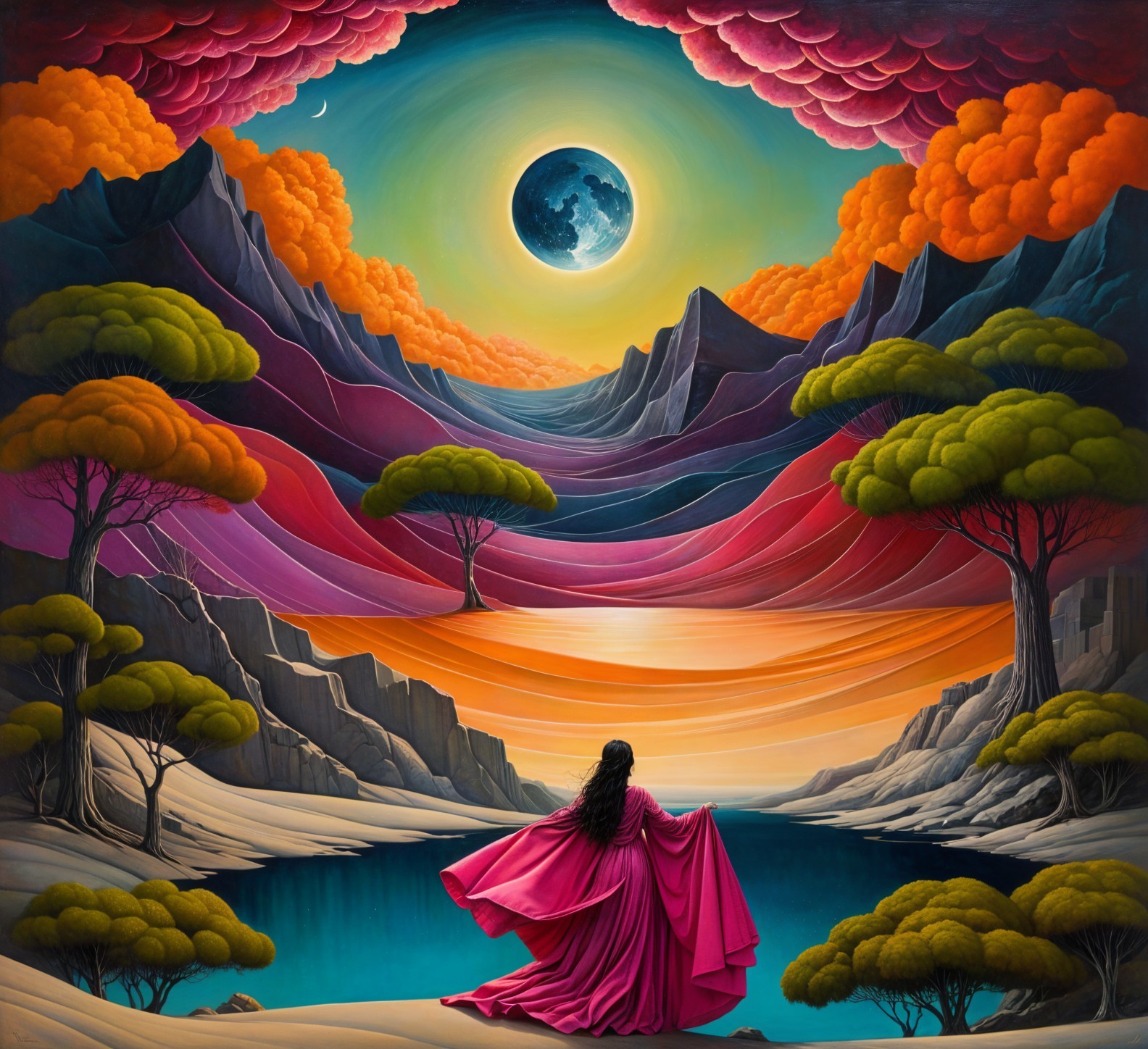 Surreal Landscape with Woman by Tranquil Lake