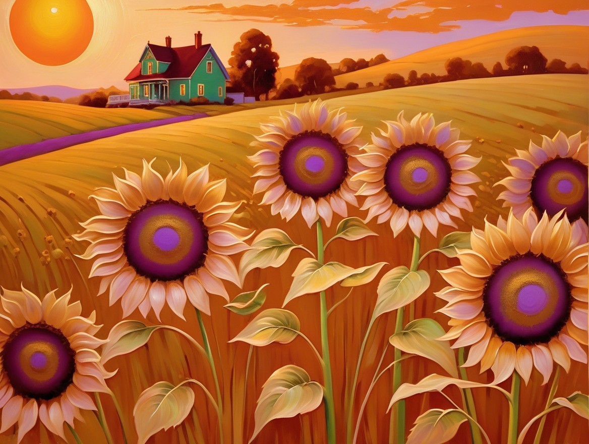 Vibrant sunset over golden field with sunflowers