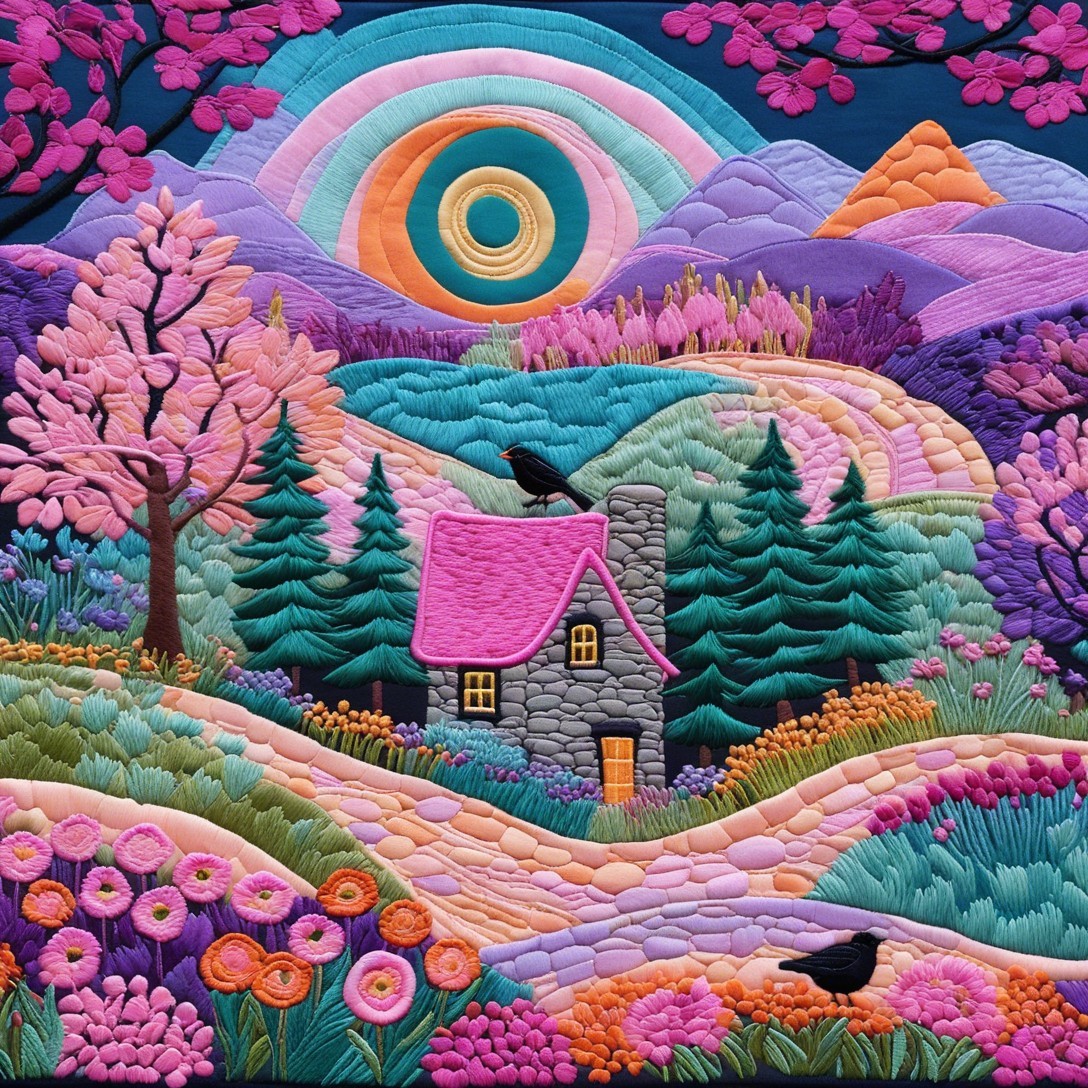 Embroidered Landscape with Cottage and Rainbow Elements