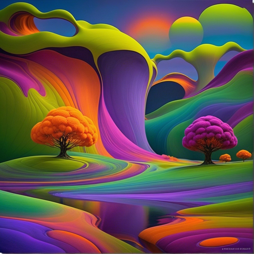 Vibrant Landscape with Stylized Trees and Reflective River