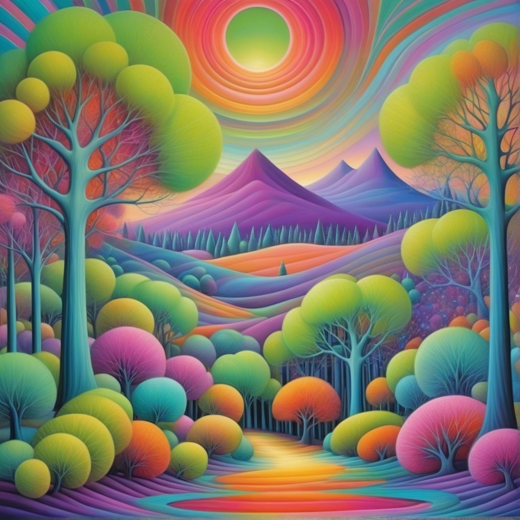 Surreal Landscape with Colorful Trees and Hills