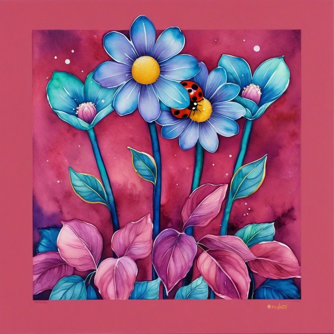 Vibrant Illustration of Flowers and Ladybug on Pink Background