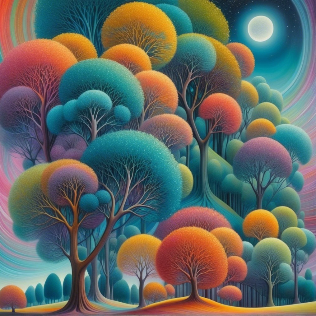 Surreal Landscape with Colorful Stylized Trees