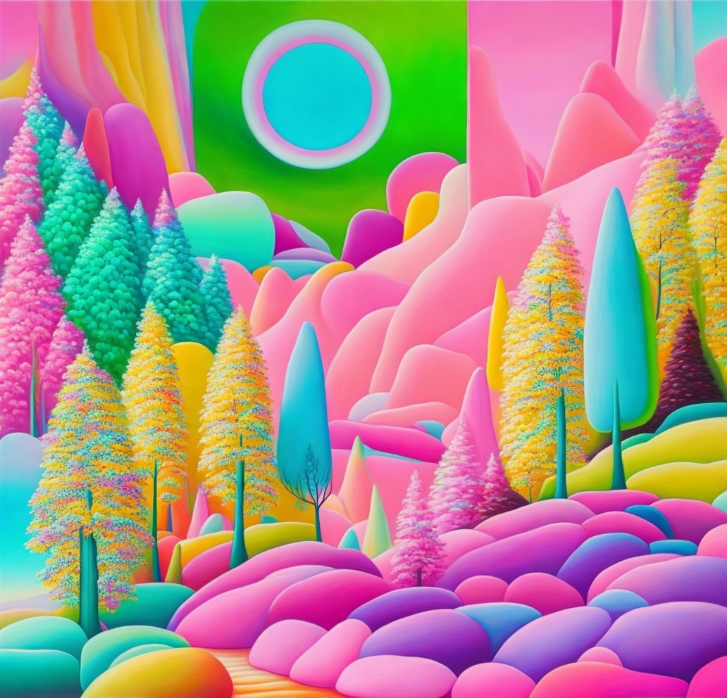Vibrant Dreamlike Landscape with Colorful Mountains