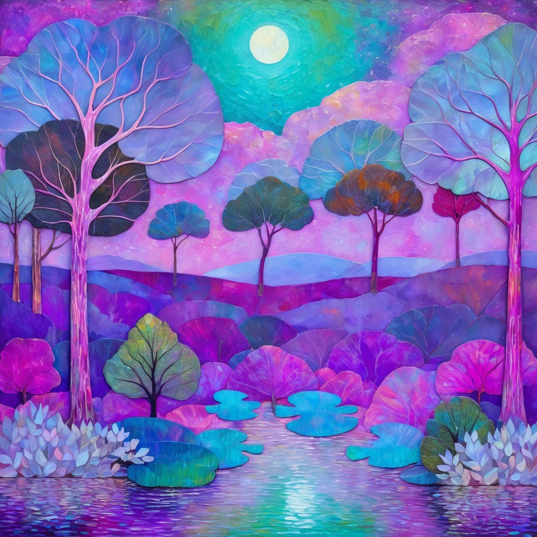 Vibrant Dreamlike Landscape with Serene Water Body