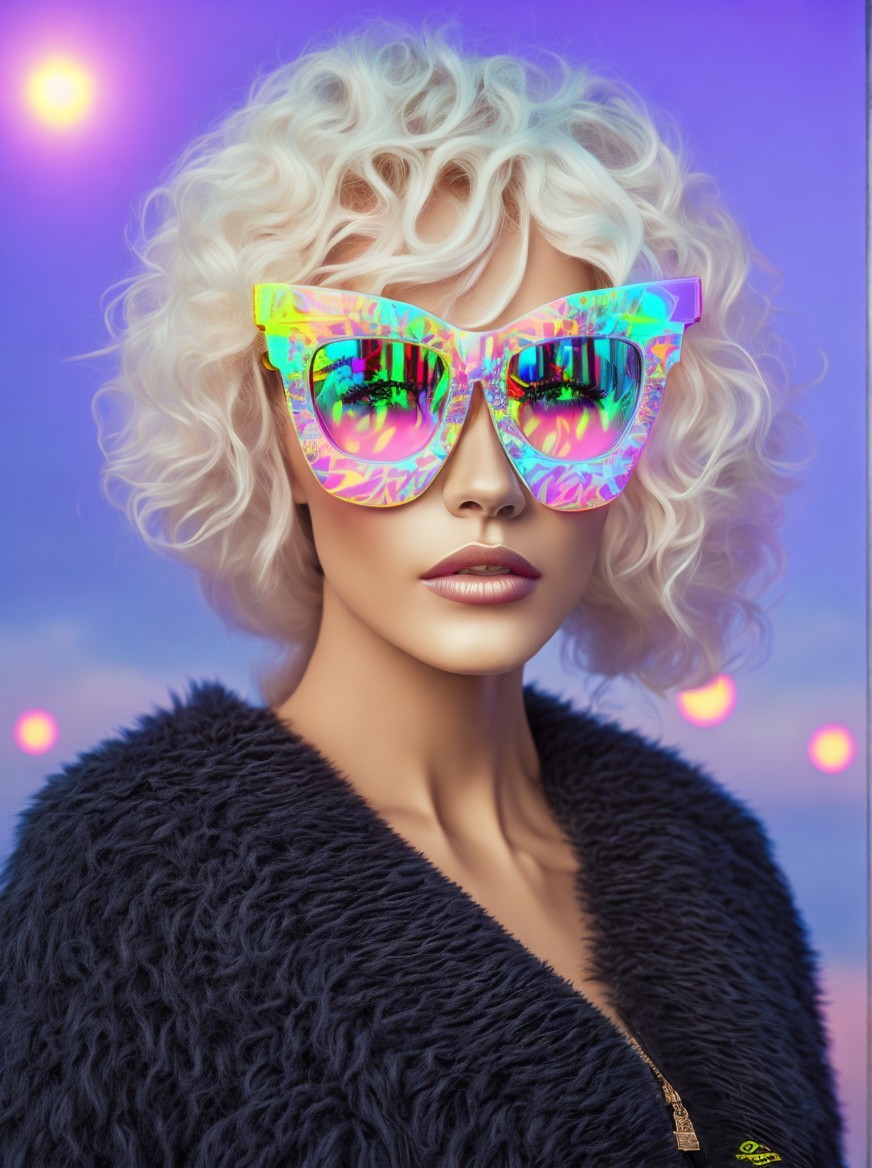 Close-up of Model with Curly Hair and Iridescent Sunglasses