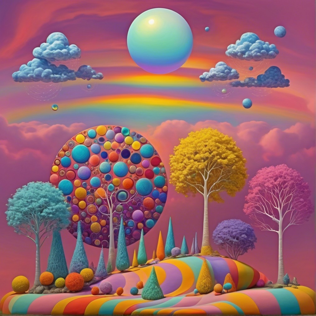 Surreal Landscape with Colorful Trees and Geometric Hills