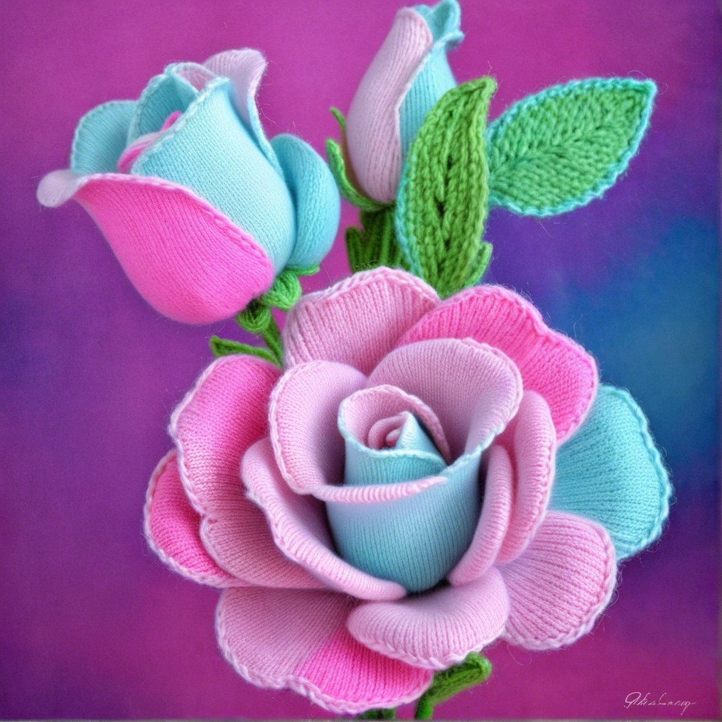 Knitted Roses in Pink and Blue with Green Leaves