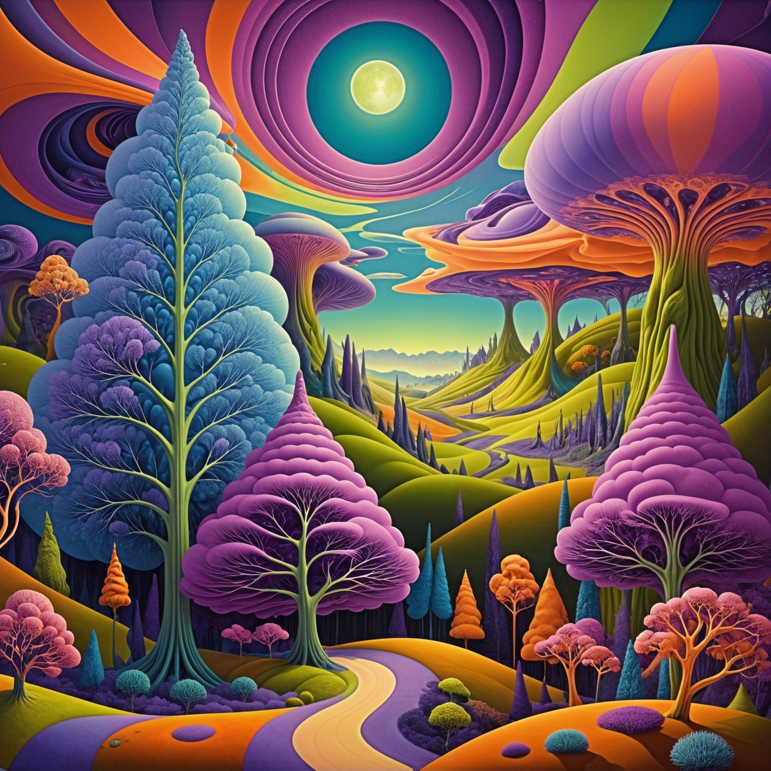 Surreal Landscape with Colorful Trees and Luminous Clouds