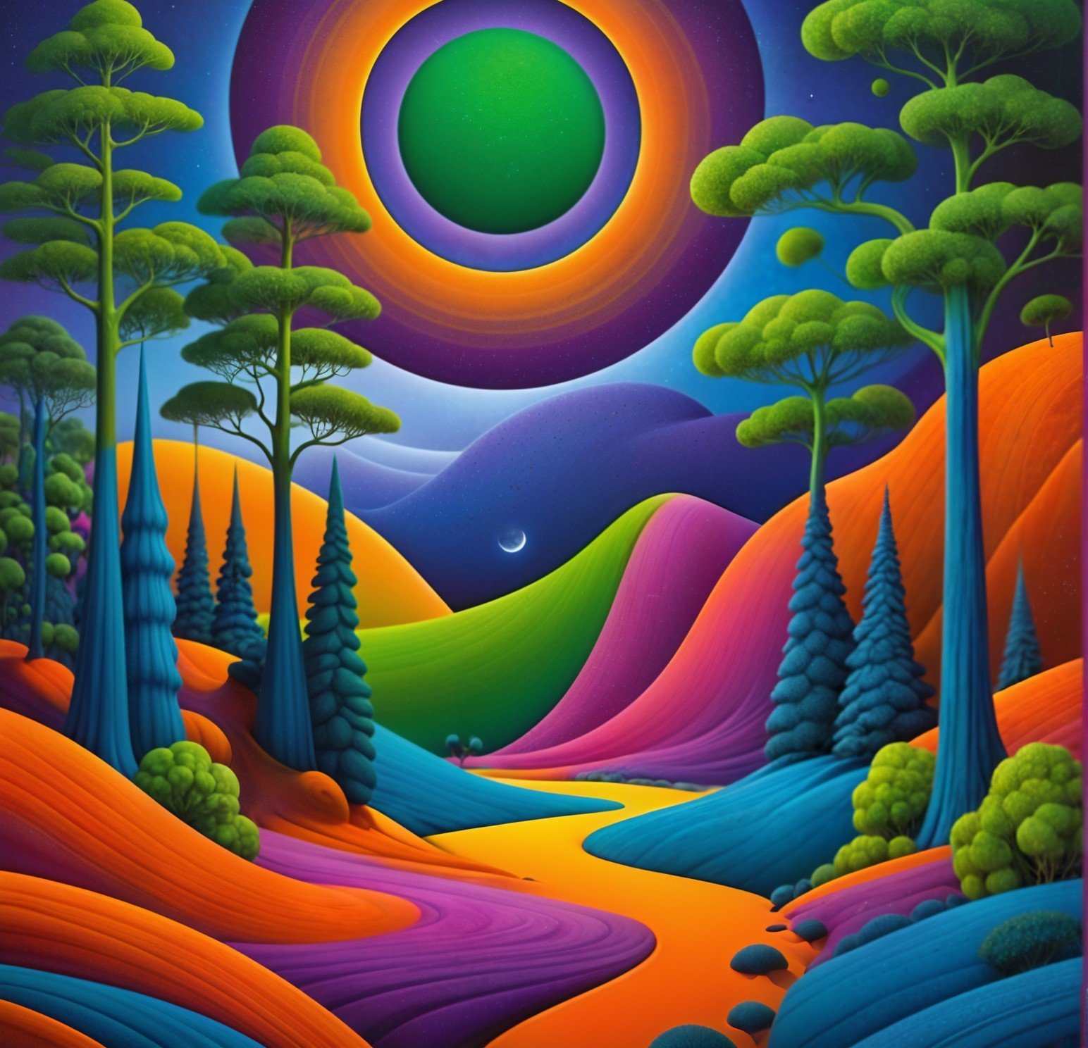 Surreal Landscape with Colorful Hills and Sky Elements