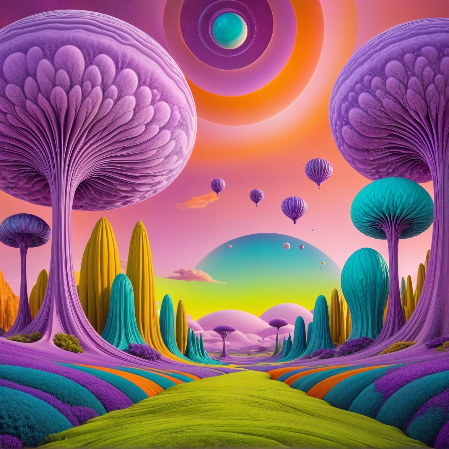 Surreal Landscape with Colorful Trees and Balloons