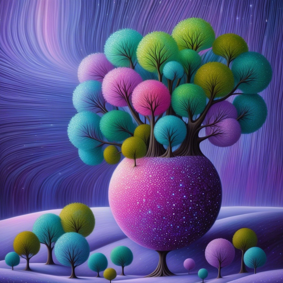 Whimsical Landscape with Colorful Trees and Space Hues