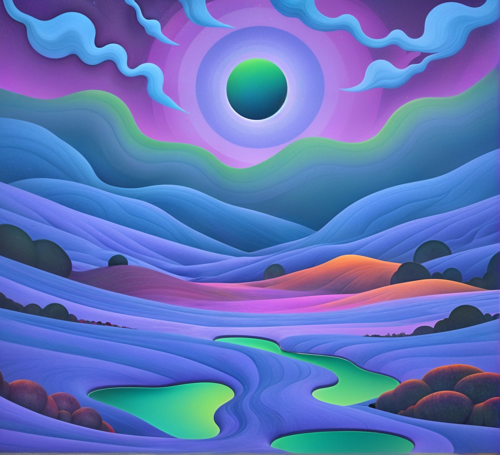 Surreal landscape with vibrant colors and eclipsed moon