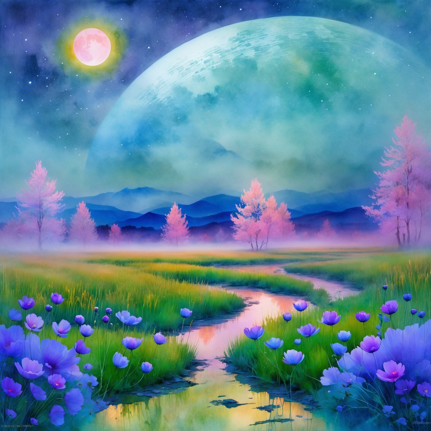 Fantasy Landscape with Planet, Moon, and River Scene