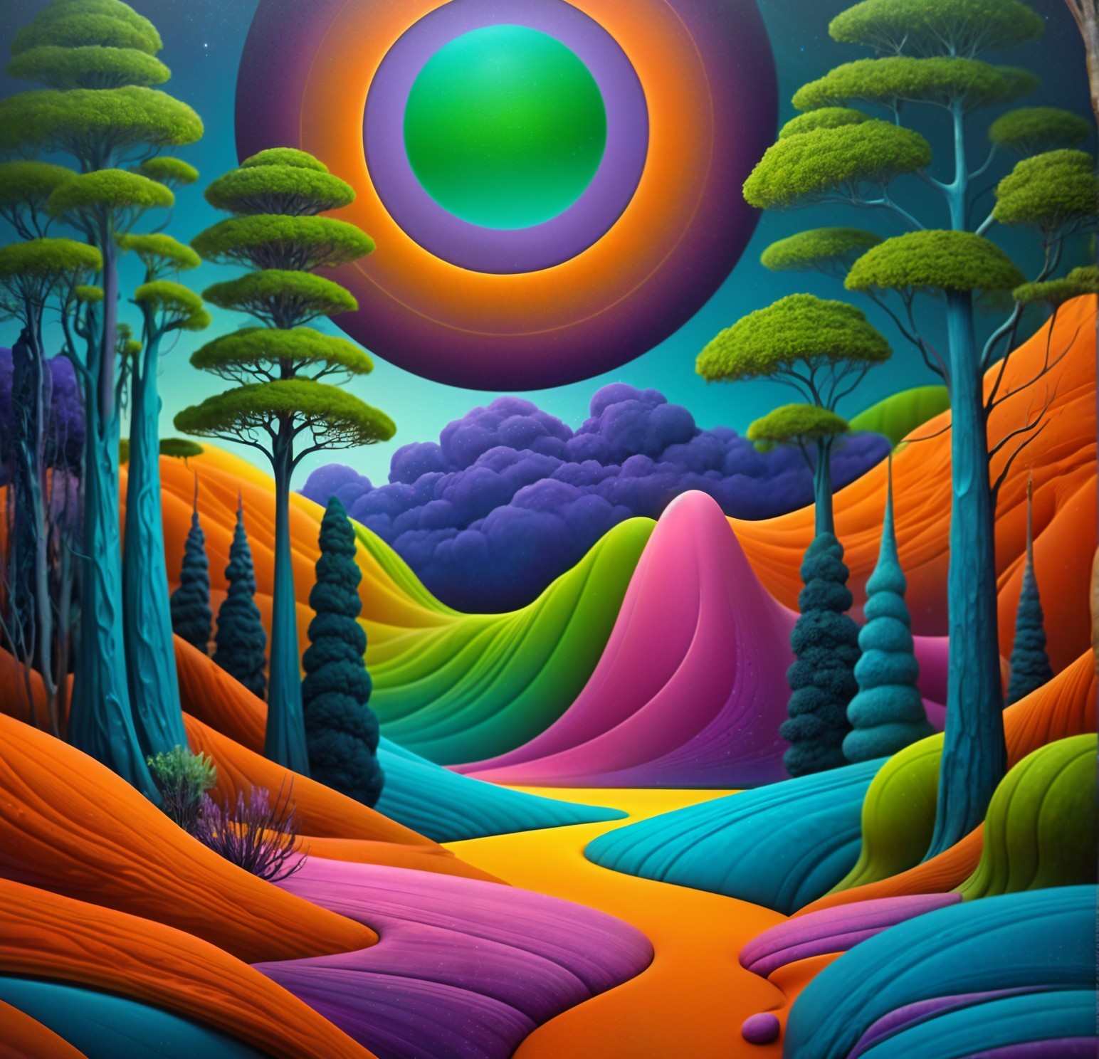Surreal Landscape with Colorful Hills and Cosmic Orb