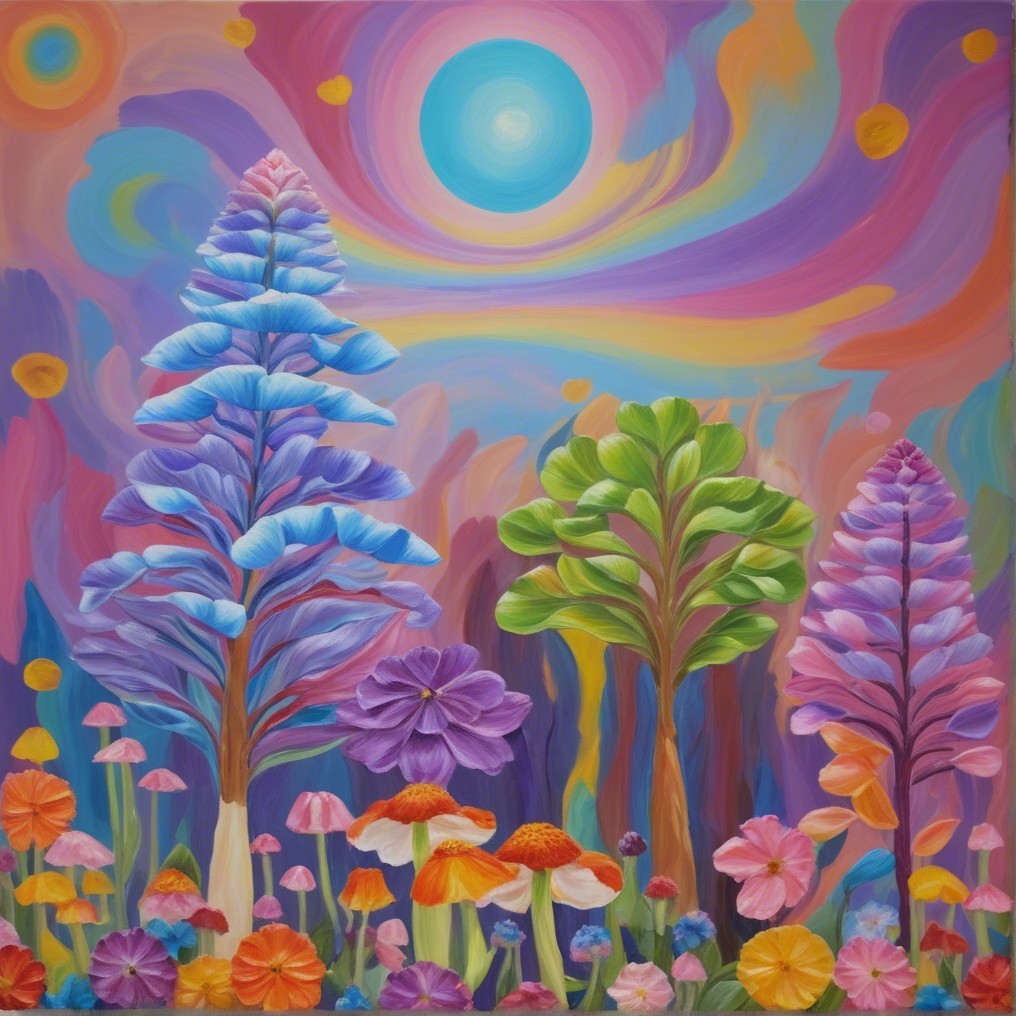Whimsical Landscape with Colorful Trees and Flowers