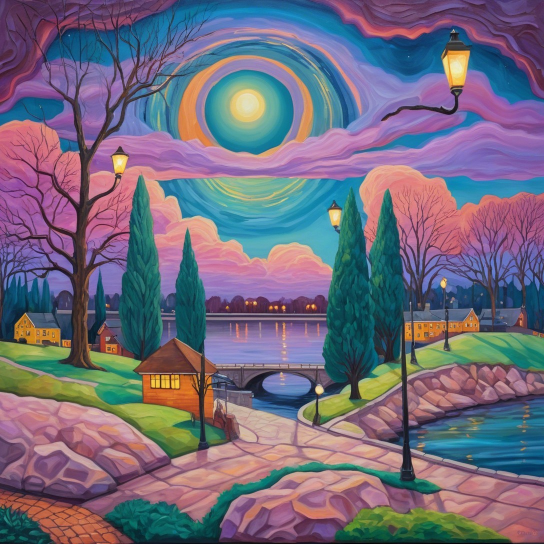 Surreal Landscape with Moonlit Lake and Cottages